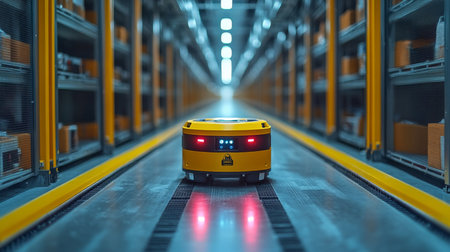 Automated Robot Navigating a Modern Warehouse Interior Designed for Efficient Logistics and Transportation Generative AIの素材