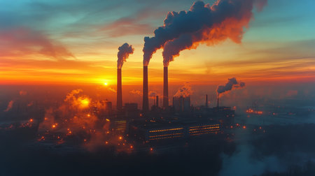 Sunset Over a Coal Powerplant With Emissions Rising From Multiple Chimneys in an Industrial Landscape Generative AIの素材