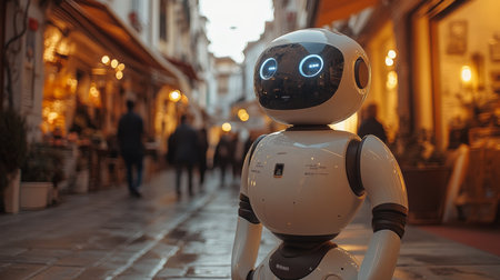 Robotic Assistant Stands on a Busy Street Delivering Packages as Pedestrians Navigate the Vibrant Urban Environment During Twilight Generative AIの素材