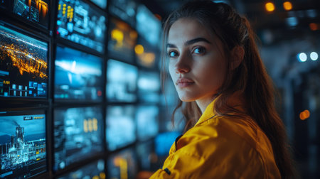 Young Professional Monitoring Digital Screens in a Control Room for Mining and Extraction Operations During Nighttime Generative AIの素材