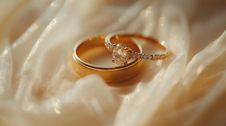 Elegant Wedding Rings on Soft Silk Fabric During a Romantic Moment, Symbolizing Love and Commitment in a Serene Atmosphere Generative AIの素材