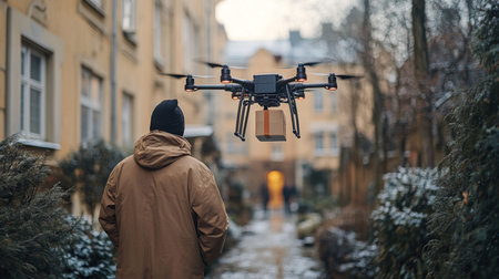 Drones Facilitating Last Mile Delivery in Urban Environments Enhance Logistics and Transportation Efficiency During Winter Months Generative AIの素材