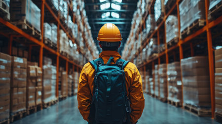 Warehouse Worker Inspects Inventory in a Modern Logistics Center Focusing on Transportation and Automation Techniques for Efficient Distribution Generative AIの素材