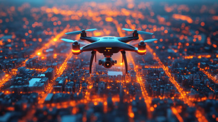 Innovative Drone Technology Enhances Logistics and Transportation Within Urban Environments During Twilight Hours Generative AIの素材