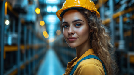 Young Woman in Warehouse Wearing Safety Gear and Smiling as She Oversees Logistics Operations in a Modern Distribution Center Generative AIの素材