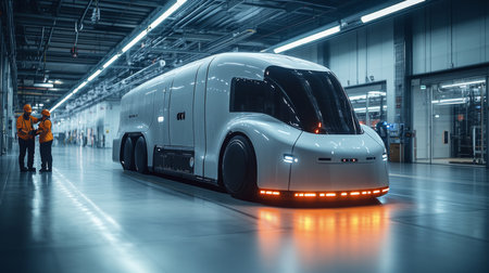 During Daylight Hours, an Autonomous Delivery Vehicle Navigates a Contemporary Logistics Warehouse, Showcasing the Capabilities of Generative AIの素材