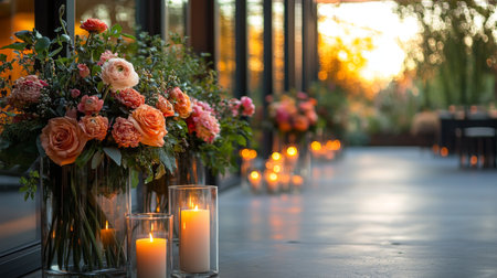 Colorful Flower Arrangements Enhance a Serene Space During Sunset, Creating a Warm and Inviting Atmosphere for Evening Gatherings Generative AIの素材