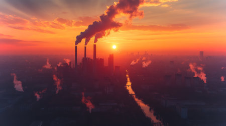 A Stunning Sunset Paints the Sky Orange Over an Industrial Landscape, Where Smoke Stacks Rise Above a River Reflecting the Vibrant Hues, Created by Generative AIの素材