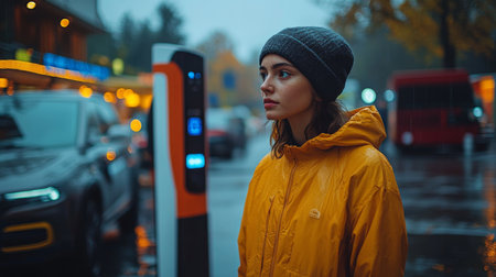 Bright Rain Gear Contrasts With Grey Urban Landscape Near Electric Vehicle Charging Station During Overcast Afternoon Generative AIの素材