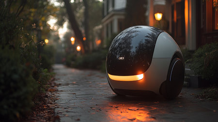 Innovative Delivery Robot Navigating a Residential Pathway During Twilight Hours Showcasing Advancements in Last Mile Logistics and Transportation Solutions Generative AIの素材