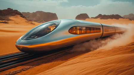High speed Autonomous Train Navigating Through Desert Landscape Showcasing Advanced Logistics and Transportation Technology Generative AIの素材