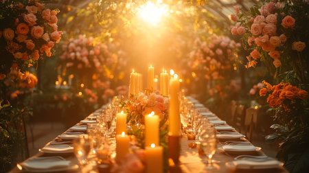 Elegant Outdoor Wedding Reception Set in a Lush Greenhouse Adorned With Blooming Flowers and Glowing Candles During Golden Hour Generative AIの素材