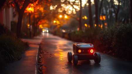 Robotic Delivery Vehicle Navigates Urban Path During Twilight Hours Showcasing Innovative Last Mile Logistics Solutions Generative AIの素材