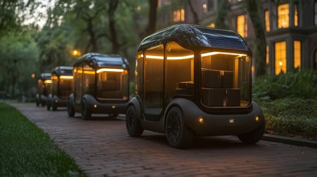 Innovative Autonomous Delivery Vehicles Navigate a Picturesque Urban Path During Twilight Hours, Showcasing Cutting Edge Logistics Technology for Last Mile Transportation Generative AIの素材
