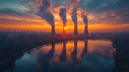 Dramatic Sunset Over Powerplant With Cooling Towers Emitting Smoke Reflected in the Water, Showcasing Energy Generation Infrastructure Generative AIの素材