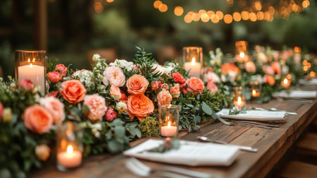 Elegant Outdoor Dining Setup Adorned With Vibrant Flowers and Warm Candlelight in a Beautifully Lit Evening Setting Generative AIの素材