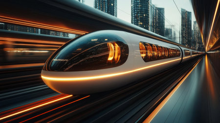 Advanced Autonomous Train System Navigating Through a Futuristic Urban Landscape During Twilight Hours Generative AIの素材
