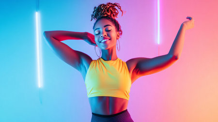Woman showcases sport style with vibrant pastel background and energetic pose Generative AIの素材