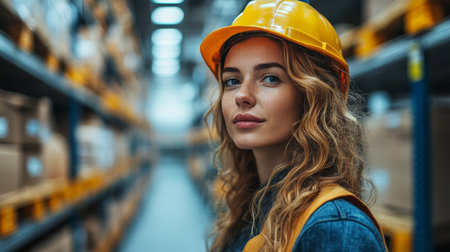 Professional Woman Overseeing Logistics Operations Within a Modern Warehouse Environment During Daytime Hours Generative AIの素材