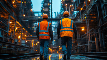 Workers Walk Through a Powerplant Site During Evening Hours, Monitoring Energy Infrastructure and Ensuring Safe Operations in the Metallurgy and Extraction Sectors Generative AIの素材