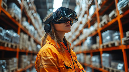 Warehouse Worker Utilizes Virtual Reality to Enhance Logistics Training and Optimize Fulfillment Processes in a Modern Distribution Center Generative AIの素材