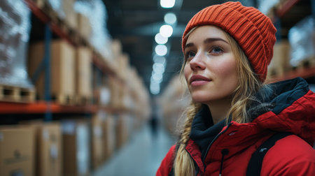 Professional Woman Assessing Warehouse Operations in a Logistics Center Focused on Transportation and Automation Solutions Generative AIの素材