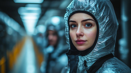 Logistics Professionals in Protective Suits Working in a Modern Automated Warehouse During a Busy Fulfillment Period Generative AIの素材