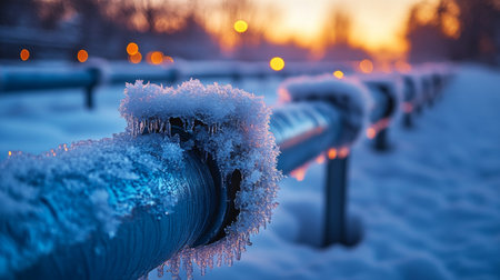 Frost covered Pipes Illuminate During Sunset at an Energy Generation Site in a Winter Landscape Generative AIの素材