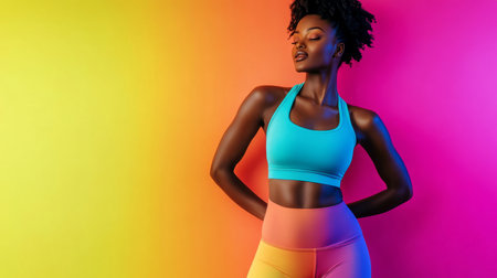 Stylish woman in sportswear poses against a vibrant pastel backdrop Generative AIの素材