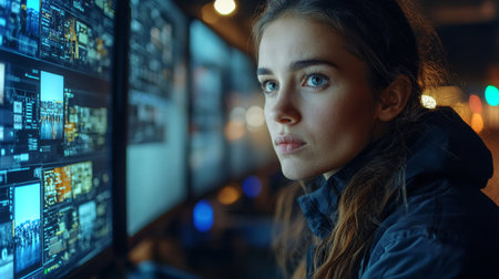 Logistics Automation Expert Monitors Advanced Systems at a Transportation Hub During Nighttime Operations in a Modern Facility Generative AIの素材