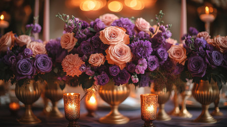 Elegant Floral Arrangement With Purple and Pink Roses in Golden Vases at an Intimate Evening Gathering Generative AIの素材