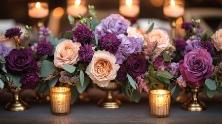 Beautiful Floral Arrangement Featuring Purple and Blush Roses Alongside Candles Creating an Elegant Ambiance for a Special Event Generative AIの素材