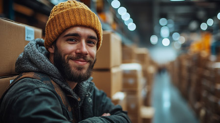 Young Man Smiling in a Modern Logistics Center, Showcasing the Importance of Automation in Transportation and Fulfillment Generative AIの素材