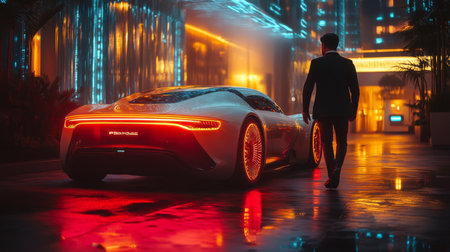 Futuristic Electric Vehicle Parked in a Modern Urban Environment at Night Highlighting Advancements in Logistics and Transportation Generative AIの素材