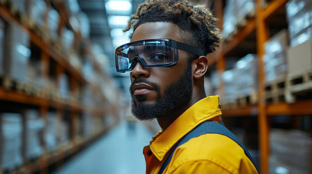 Warehouse Worker Utilizes Advanced Safety Goggles While Navigating a Logistics Center for Efficient Distribution and Fulfillment Tasks Generative AIの素材
