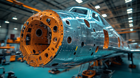 Precision Engineering in Aerospace Manufacturing Facility Showcasing Aircraft Fuselage Assembly and Detailed Craftsmanship Generative AIの素材