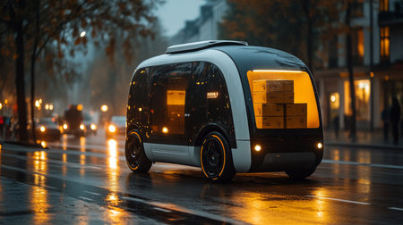 Innovative Automated Delivery Vehicle Transports Packages Through Urban Streets During Rainy Evening Generative AIの素材