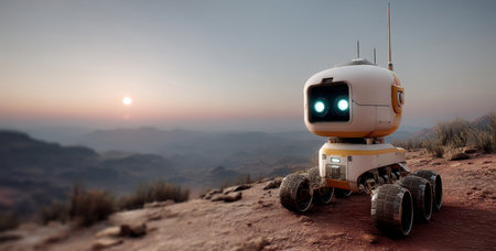 Robot explores a desert landscape during a space expedition on a distant planet Generative AIの素材