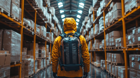 Worker Inspects Warehouse Filled With Organized Boxes and Packages During Peak Logistics Hours Generative AIの素材