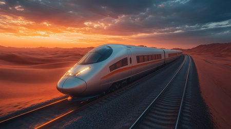 Innovative Smart Train Navigating Through Desert Landscape at Sunset Showcasing Advanced Mobility and Automated Control Systems Generative AIの素材