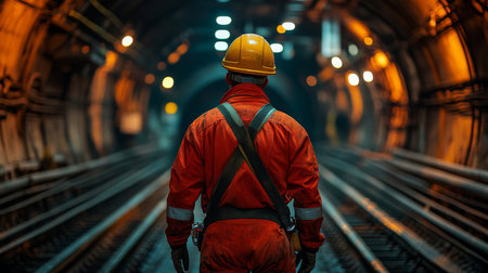 Worker in Safety Gear Walks Through an Underground Tunnel in a Mining Site During a Routine Inspection of the Excavation Area Generative AIの素材