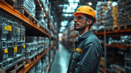 Worker in Logistics Center Wearing Safety Gear While Inspecting Inventory Amidst Organized Shelves Generative AIの素材