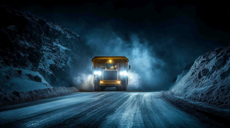 Heavy duty Truck Navigating a Dark Mining Road at Night While Engaged in Mineral Extraction Activities in a Remote Quarry Generative AIの素材