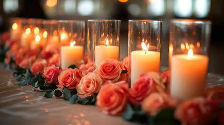 Elegant Table Arrangement With Candles and Roses, Perfect for a Romantic Dinner or Special Celebration Generative AIの素材