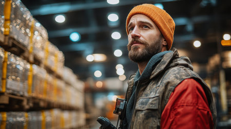 Worker Observes Warehouse Operations and Evaluates Logistics in a Cement and Concrete Manufacturing Facility in Autumn Generative AIの素材
