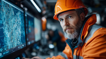 Skilled Worker Monitors Drilling Operations and Extraction Processes in High Tech Control Room During Offshore Petroleum Projects Generative AIの素材
