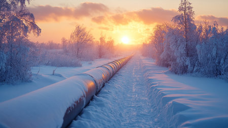 Winter Sunrise Over a Snow Covered Pipeline in a Remote Landscape Showcasing the Extraction of Petroleum Resources Generative AIの素材