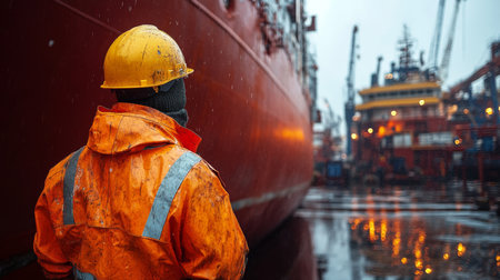 Worker in Safety Gear Observes Shipyard Activity During Overcast Weather, Reflecting on Maritime Engineering and Construction Tasks in a Bustling Port Generative AIの素材