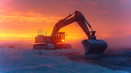 Heavy Excavator Works at Dusk on Mineral Extraction Site Near Water With Stunning Sunset Backdrop Generative AIの素材