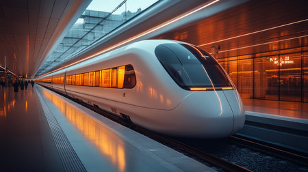 Futuristic Smart Train Waiting at a Modern Urban Station During Evening Hours While Automated Systems Enhance Mobility and Efficiency Generative AIの素材